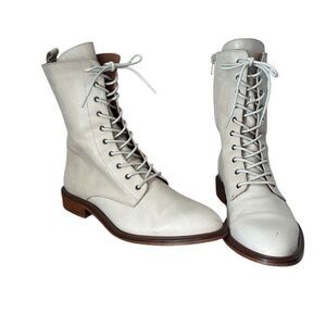 Anthropologie Boho Creme Leather Side Zipper Block Low Heel Ankle Booties 40/ 9.